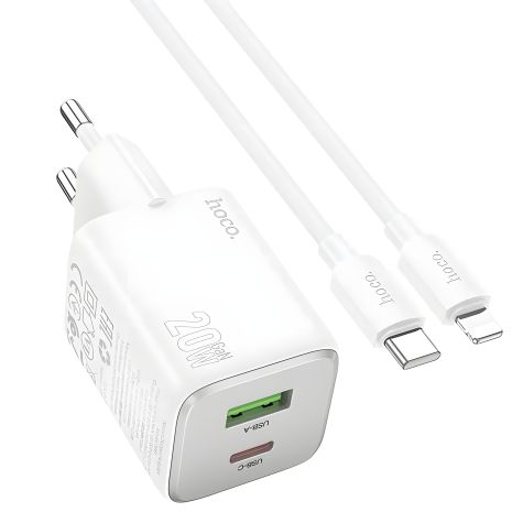 Мережевий зарядний пристрій Hoco N41 USB Type-C 20W 3А PD QC white + кабель Type-C to Lightning