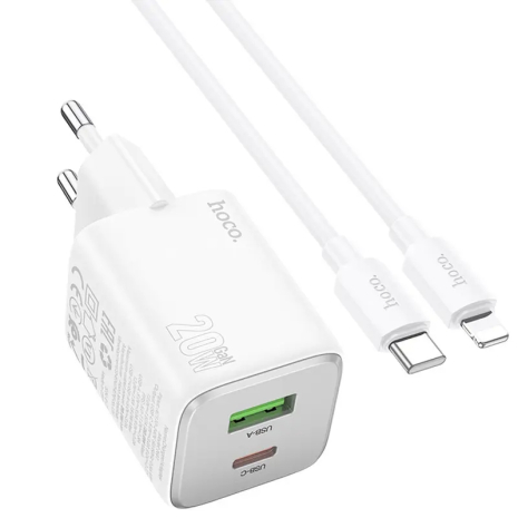 Сетевое зарядное устройство Hoco N41 USB/ Type-C PD QC white + кабель Type-C to Lightning