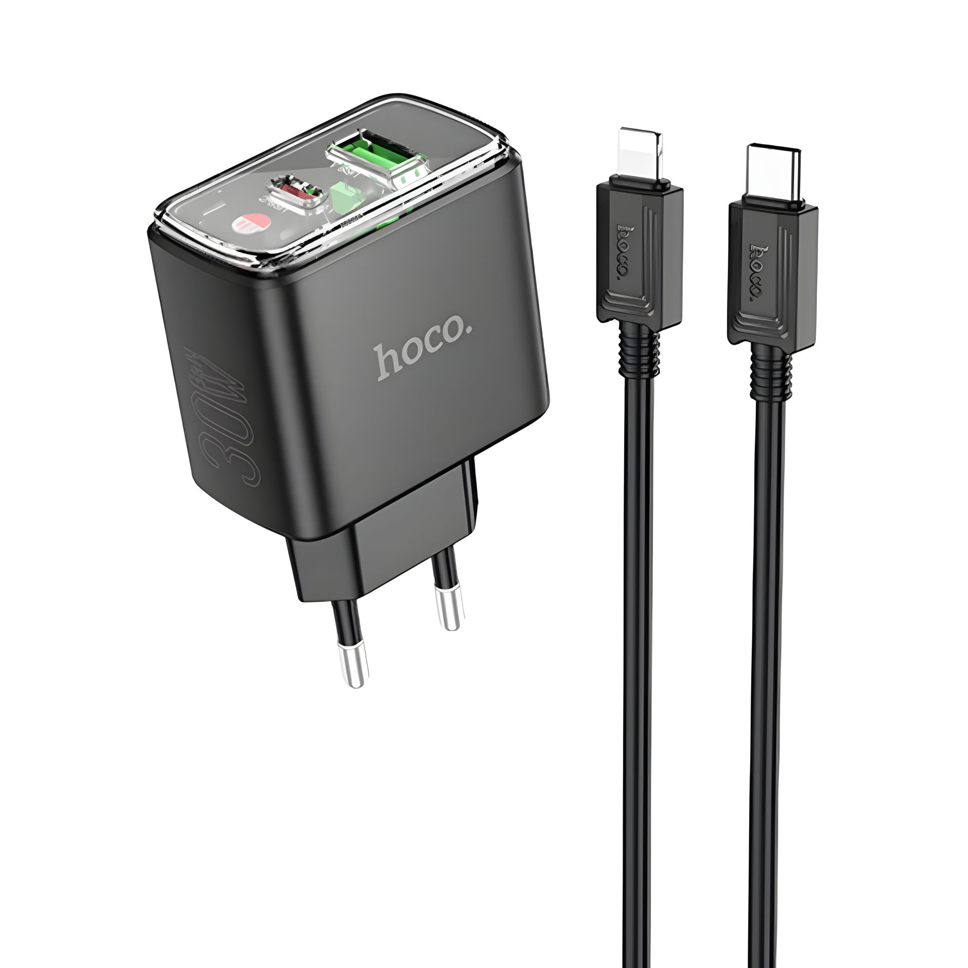 Сетевое зарядное Hoco CS42A USB/Type-C PD 30W QC черное + кабель Type-C to Lightning Сетевое зарядное Hoco CS42A USB/Type-C PD 30W QC черное + кабель Type-C to Lightning
