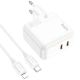 Мережевий зарядний пристрій Hoco C110A Lucky, PD, QC, 35W, білий, кабель Type-C to Lightning
