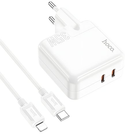 Мережевий зарядний пристрій Hoco C110A Lucky, PD, QC, 35W, білий, кабель Type-C to Lightning