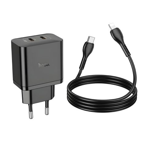 Зарядний пристрій мережевий Hoco N35, 2 Type-C, PD 45W, чорний, кабель Type-C to Lightning