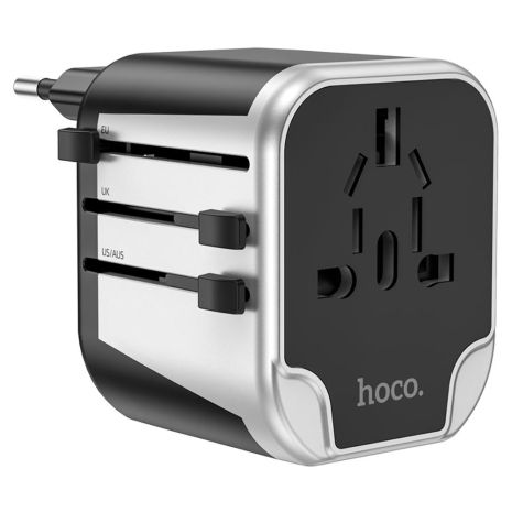 Сетевое зарядное устройство переходник Hoco AC5 2 USB (EU, US, UK, AUS) серебристо-черный Сетевое зарядное устройство переходник Hoco AC5 2 USB (EU, US, UK, AUS) серебристо-черный