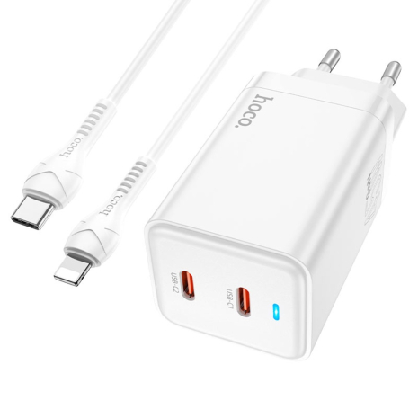 Сетевое зарядное устройство Hoco N23 2 Type-C PD 45W белое + кабель Type-C to Lightning Сетевое зарядное устройство Hoco N23 2 Type-C PD 45W белое + кабель Type-C to Lightning