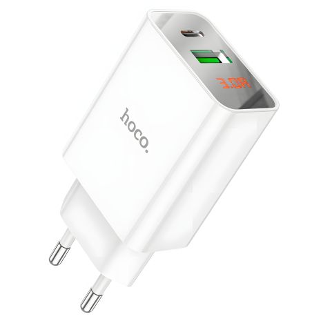 Зарядний пристрій USB, Type-C, QC, PD, з дисплеєм, білий, мережевий Hoco C100A