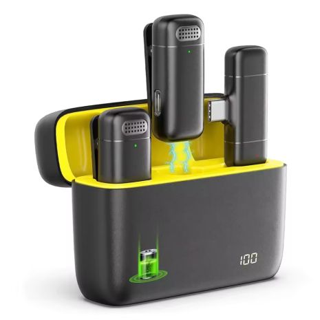 Микрофон беспроводной (Комплект 2шт) K60 Type-C Wireless Lavalier с зарядным кейсом, Portable Audio Recording for iPhone, Android, Notebook, Live Gaming Black-Yellow Микрофон беспроводной (Комплект 2шт) K60 Type-C Wireless Lavalier с зарядным кейсом, Portable Audio Recording for iPhone, Android, Notebook, Live Gaming Black-Yellow