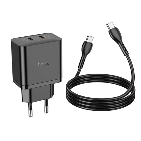 Сетевое зарядное устройство Hoco N35 2 Type-C PD 45W черное + кабель Type-C to Type-C Сетевое зарядное устройство Hoco N35 2 Type-C PD 45W черное + кабель Type-C to Type-C