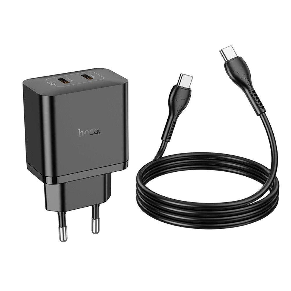 Сетевое зарядное устройство Hoco N35 2 Type-C PD 45W черное + кабель Type-C to Type-C Сетевое зарядное устройство Hoco N35 2 Type-C PD 45W черное + кабель Type-C to Type-C