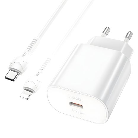 Зарядний пристрій мережевий Hoco N22, Type-C, PD, 25W, білий, кабель Type-C to Lightning