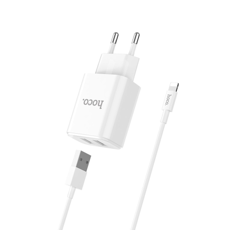 Сетевое зарядное устройство Hoco C62A 2 USB белое + кабель USB to Lightning Сетевое зарядное устройство Hoco C62A 2 USB белое + кабель USB to Lightning