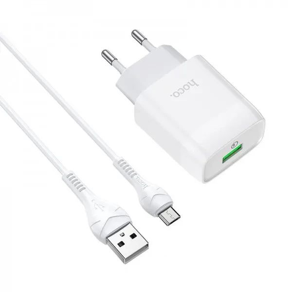 Зарядка для мережі Hoco C72Q Glorious, QC3.0, MicroUSB кабель, Білий Зарядка для мережі Hoco C72Q Glorious, QC3.0, MicroUSB кабель, Білий