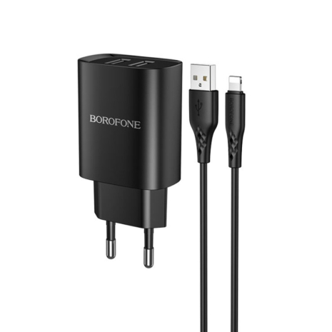 Сетевое зарядное устройство Borofone BN2 2 USB черное + кабель USB to Lightning