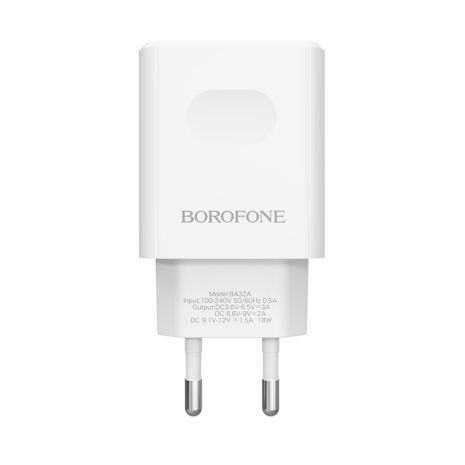 Мережевий зарядний пристрій Borofone BA32A, 1USB, 3A, QC, білий, кабель USB to Type-C