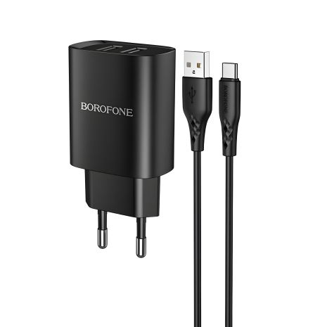 Мережевий зарядний пристрій Borofone BN2, 2 USB, чорний, кабель USB to Type-C ефективний