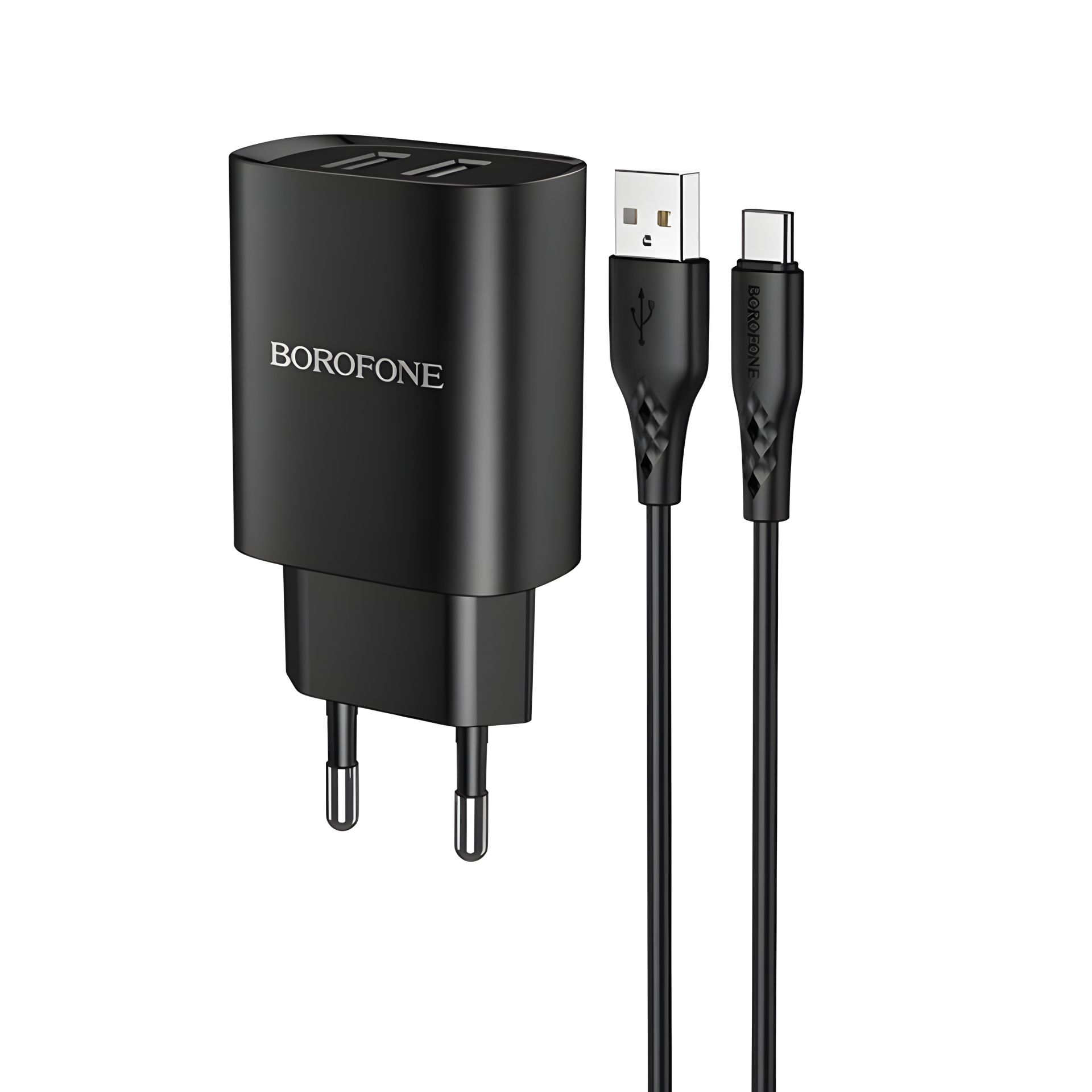Черное сетевое зарядное устройство Borofone BN2 с 2 USB + кабель USB to Type-C Черное сетевое зарядное устройство Borofone BN2 с 2 USB + кабель USB to Type-C