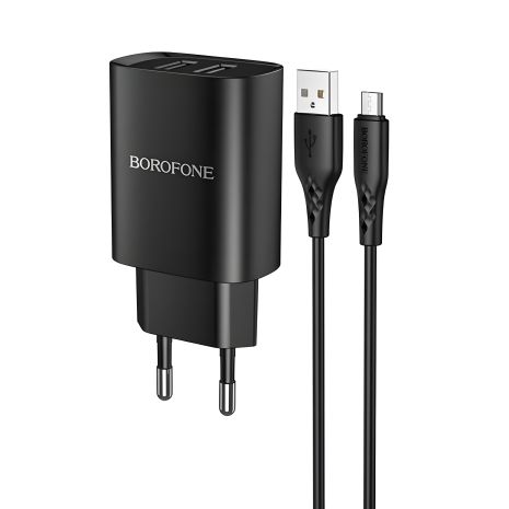 Зарядний пристрій мережевий Borofone BN2, 2 USB, чорний, кабель USB to MicroUSB