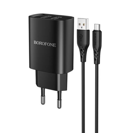Зарядний пристрій мережевий Borofone BN2, 2 USB, чорний, кабель USB to MicroUSB