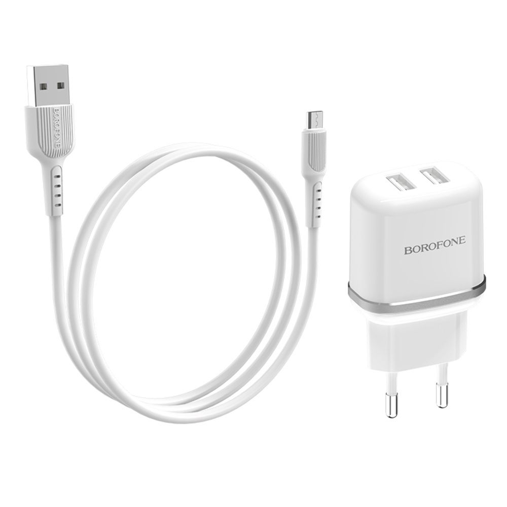 Мережевий зарядний пристрій Borofone BA25A з кабелем USB to MicroUSB, 2 USB, 2.4A, білий Мережевий зарядний пристрій Borofone BA25A з кабелем USB to MicroUSB, 2 USB, 2.4A, білий