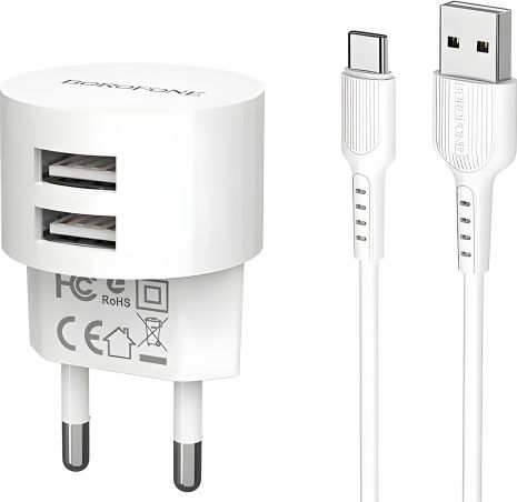 Зарядний пристрій Borofone BA23A 2 USB 2.4А, білий з кабелем USB to Type-C