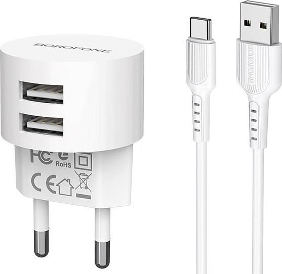 Зарядний пристрій Borofone BA23A 2 USB 2.4А, білий з кабелем USB to Type-C Зарядний пристрій Borofone BA23A 2 USB 2.4А, білий з кабелем USB to Type-C
