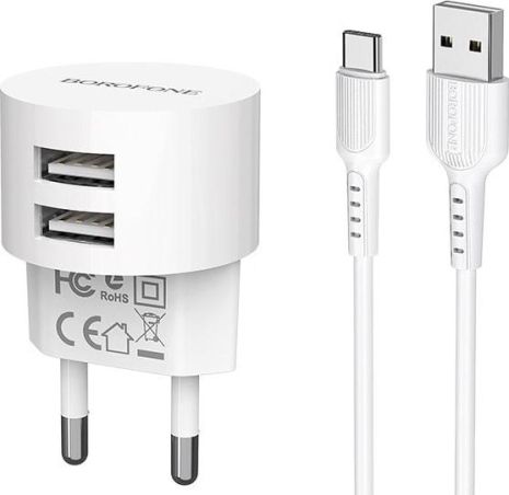 Зарядний пристрій Borofone BA23A 2 USB 2.4А, білий з кабелем USB to Type-C Зарядний пристрій Borofone BA23A 2 USB 2.4А, білий з кабелем USB to Type-C