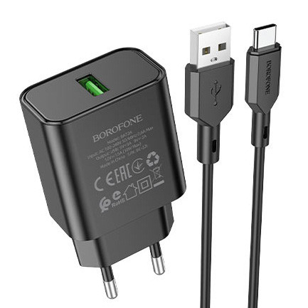 Сетевое Зарядное Устройство Borofone BA72A Spring 18W/QC3.0/1USB + Cable Type-C Чёрный Сетевое Зарядное Устройство Borofone BA72A Spring 18W/QC3.0/1USB + Cable Type-C Чёрный