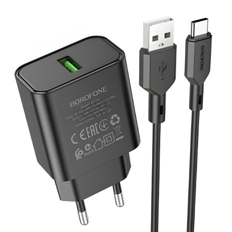 Borofone BA72A Spring зарядний пристрій мережевий QC3.0, кабель USB to Type-C, Чорний