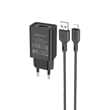 Мережевий зарядний пристрій Borofone BA68A, кабель USB to Lightning, 1USB, 2.1A, чорний