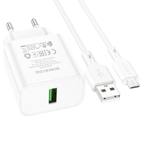 Зарядний пристрій Borofone BA72A Spring QC3.0, USB-MicroUSB, Білий Зарядний пристрій Borofone BA72A Spring QC3.0, USB-MicroUSB, Білий