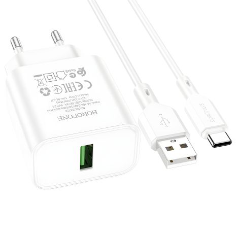 Мережевий зарядний пристрій Borofone BA72A Spring QC3.0 кабель USB to Type-C
