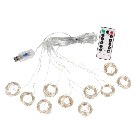 Гірлянда LED штора-роса 3x3м БЕЗ ГАЧКІВ (холодний білий/USB/Пульт/8 режимів)