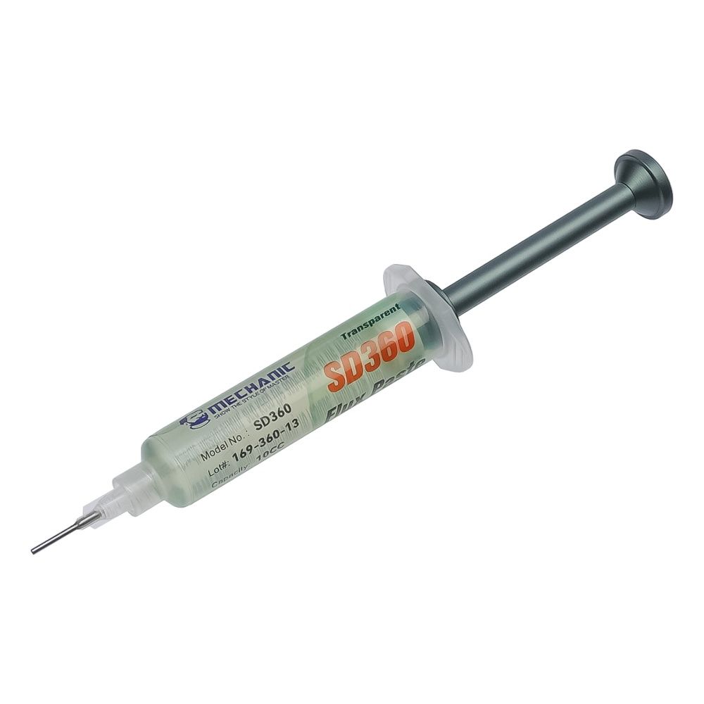 Флюс-паста Mechanic SD360 10мл в шприце с алюминиевым толкателем P08, безотмывочная, слабоактивная Флюс-паста Mechanic SD360 10мл в шприце с алюминиевым толкателем P08, безотмывочная, слабоактивная