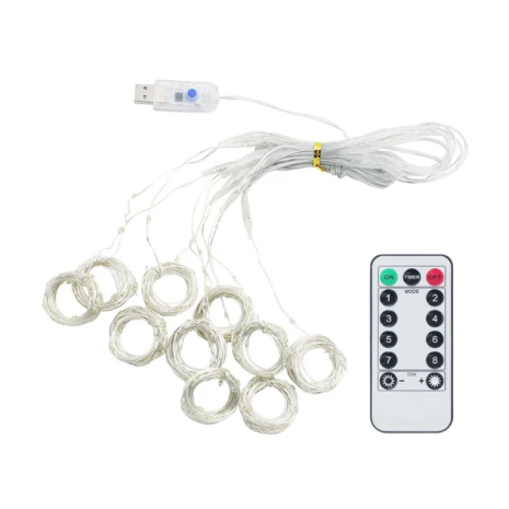 Светодиодная гирлянда USB штора, медная нить, теплый белый, 2x3м, 200LED, БЕЗ КРЮЧКОВ, 8 режимов, с пультом