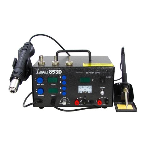 Многофункциональная паяльная станция LUKEY 853D, фен, паяльник, блок питания 15V 2A, тестер