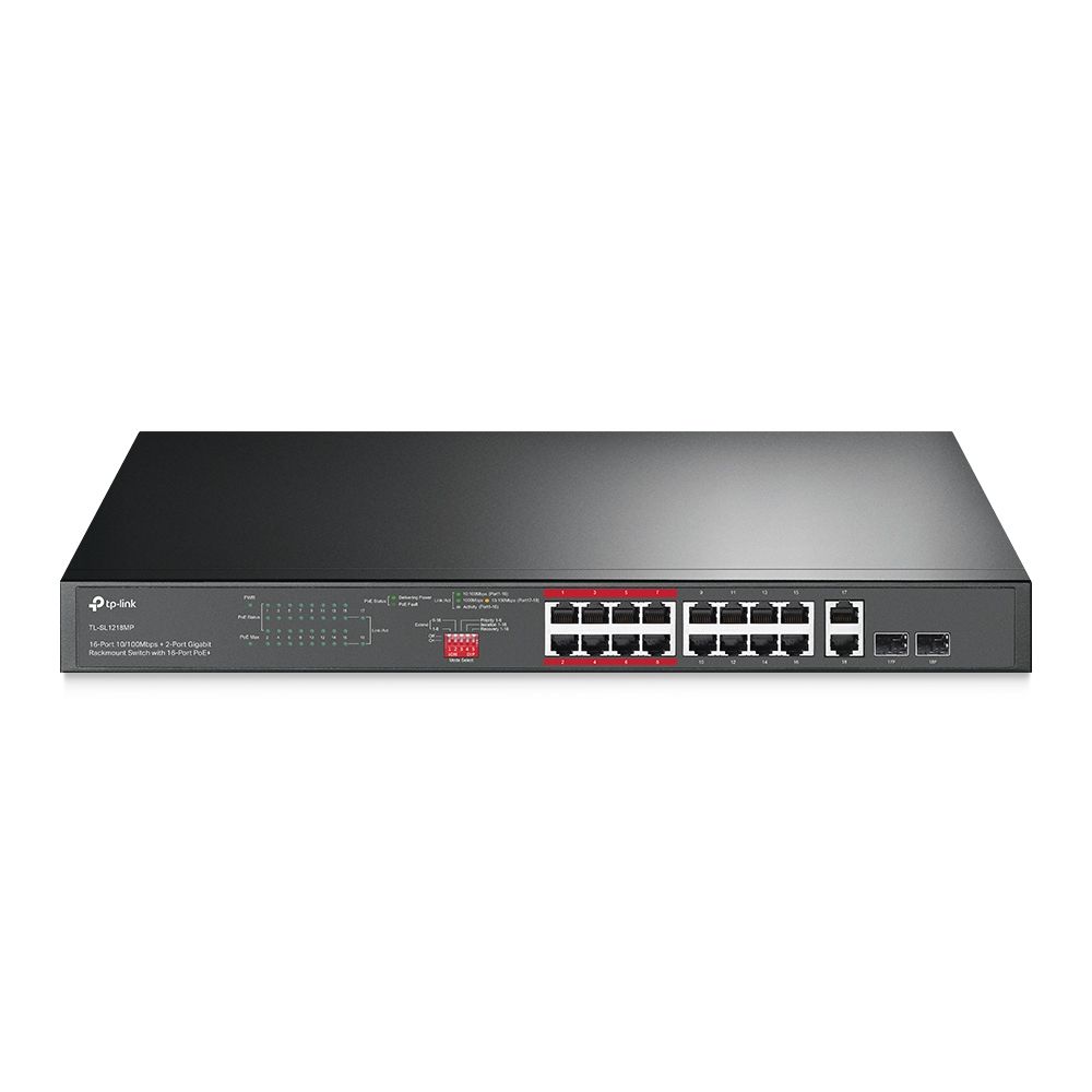 Комутатор мережевий TP-LINK TL-SL1218MP, 16x1FE/PoE+, 192W, 2xGE, 2xcomboGE/SFP, 19", 1U Комутатор мережевий TP-LINK TL-SL1218MP, 16x1FE/PoE+, 192W, 2xGE, 2xcomboGE/SFP, 19", 1U