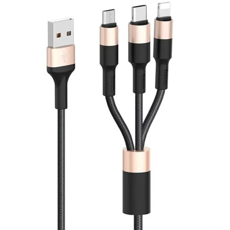 USB Кабель HOCO X26 3in1 USB - Lightning + MicroUSB + Type-C (1М) (черно-золотистый)
