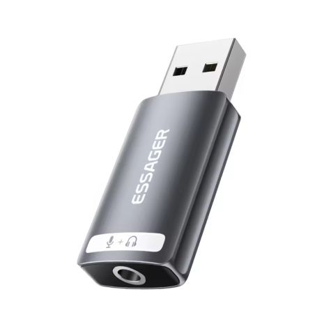 Внешняя звуковая карта Essager USB to Jack 3.5мм (1xTRRS) для микрофона и наушников Gray
