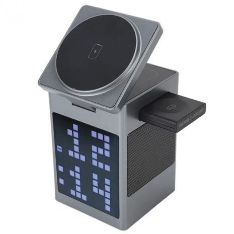Беспроводное зарядное устройство Hoco DWQ04 с колонкой и часами metal gray