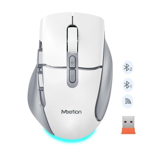 Мышь MEETION 2.4G+Bluetooth wireless gaming mouse BTM001 |800-1200-1600-2400dpi, 7keys, 35/140h, Type-C Charging, RGB| white-grey