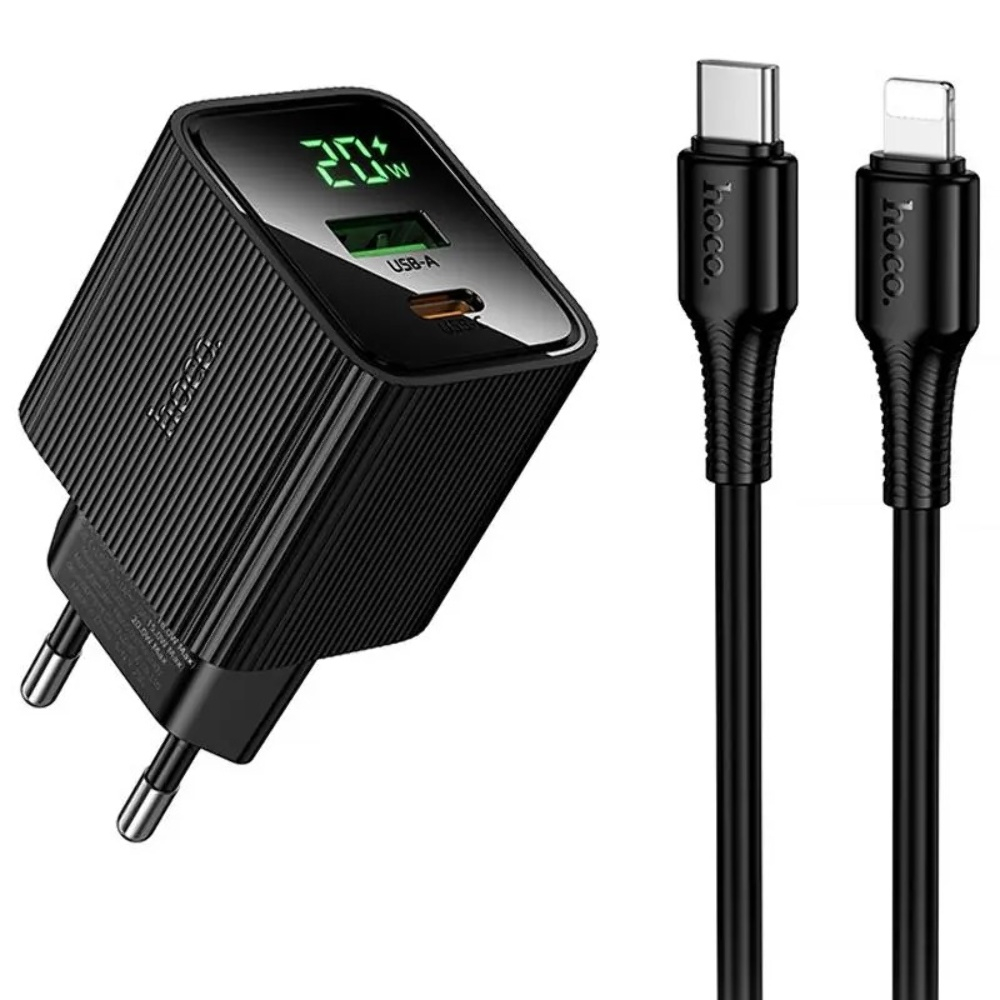 Сетевое зарядное устройство Hoco CS83A USB/ Type-C PD QC с дисплеем black + кабель Type-C to Lightning Сетевое зарядное устройство Hoco CS83A USB/ Type-C PD QC с дисплеем black + кабель Type-C to Lightning