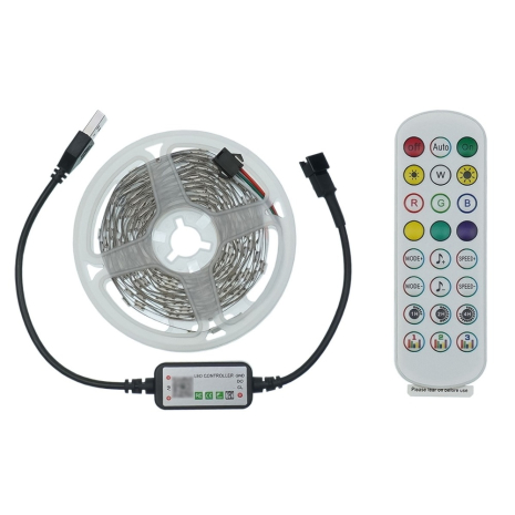 LED лента USB RGB 5V, IP 20, 5м, с Bluetooth и пультом, датчиком звука, на самоклейке