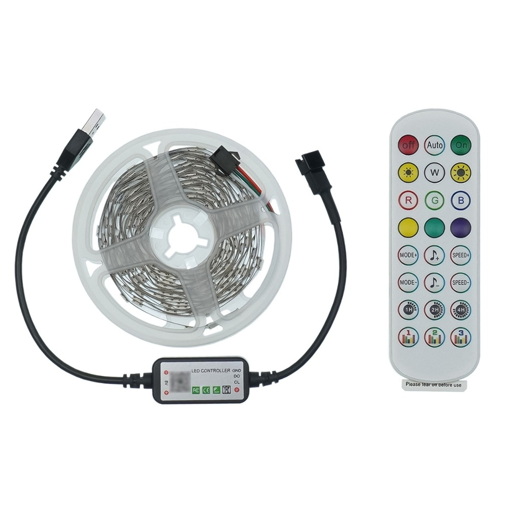 LED стрічка USB RGB 5V, IP 20, 5м, з Bluetooth та пультом, датчиком звуку, на самоклейці LED стрічка USB RGB 5V, IP 20, 5м, з Bluetooth та пультом, датчиком звуку, на самоклейці