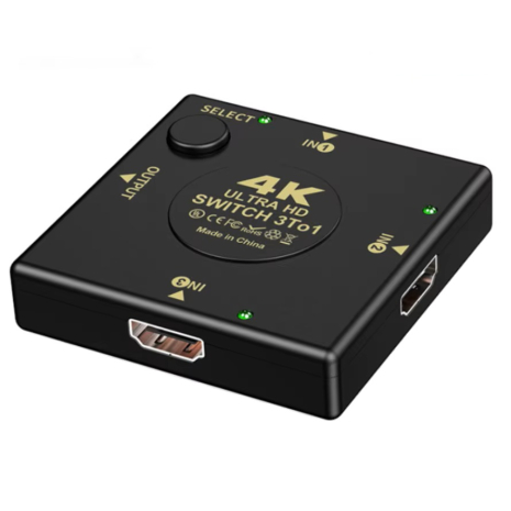 HDMI разветвитель Switch 1x3 на 3 порта (1out/3in) 4К 60Hz, Plastic, Square (65mm), Black | переключатель, размещение портов угловое | Для PC, XBox, PS4, PS5, видеоплееров