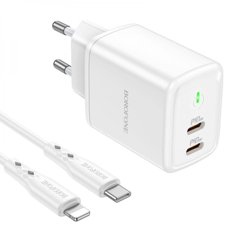 Сетевое Зарядное Устройство Borofone BN9 Reacher PD/QC (2 USB-C) 35W Type-C to Lightning Белый
